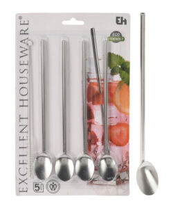 Excellent Houseware RVS Rietjes met Lepel 4 Stuks + Schoonmaakborstel